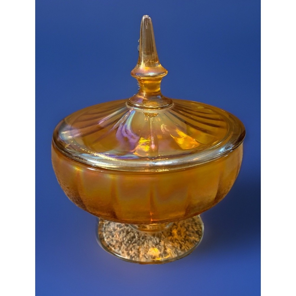 Vintage Amber Carnival Glass‎ Covered Candy Dish Pedestal Compote Iridescent - Picture 6 of 6
